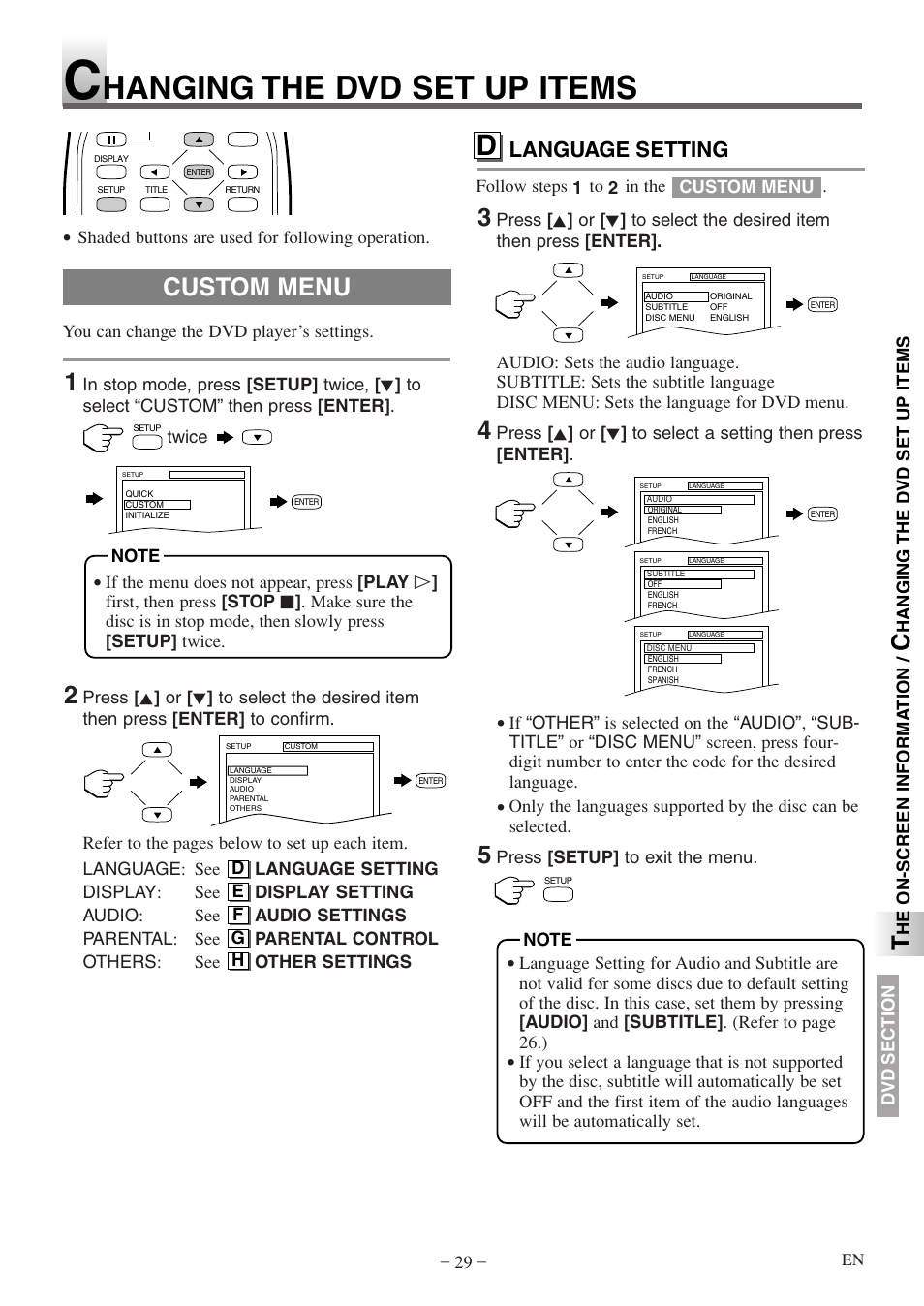 Hanging the dvd set up items, Custom menu, Language setting | Sylvania 6615LDF User Manual | Page 29 / 48