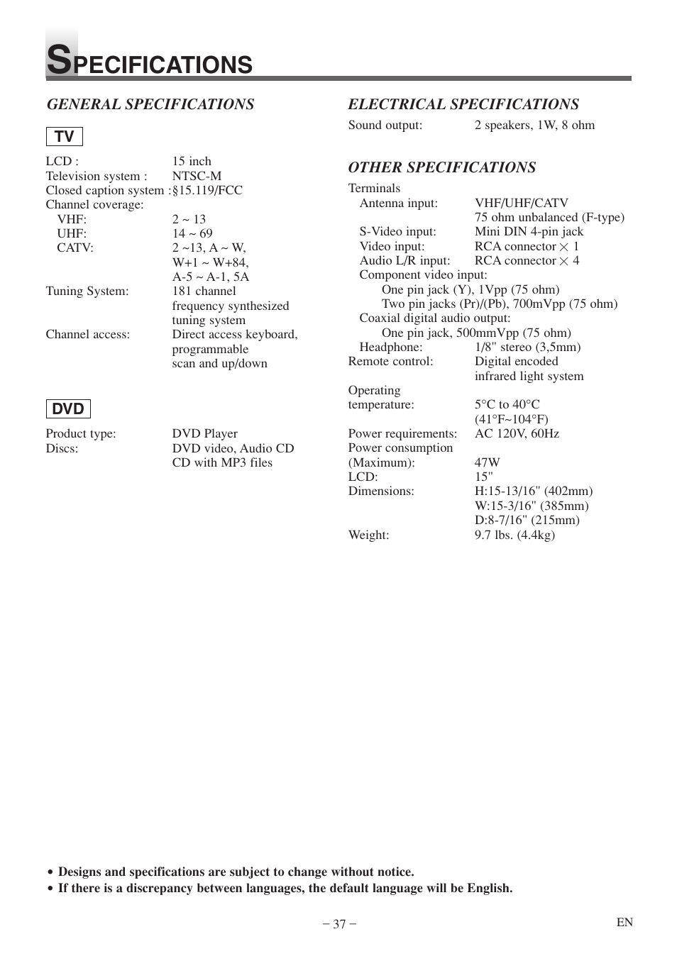 Pecifications | Sylvania 6615LDF User Manual | Page 37 / 48