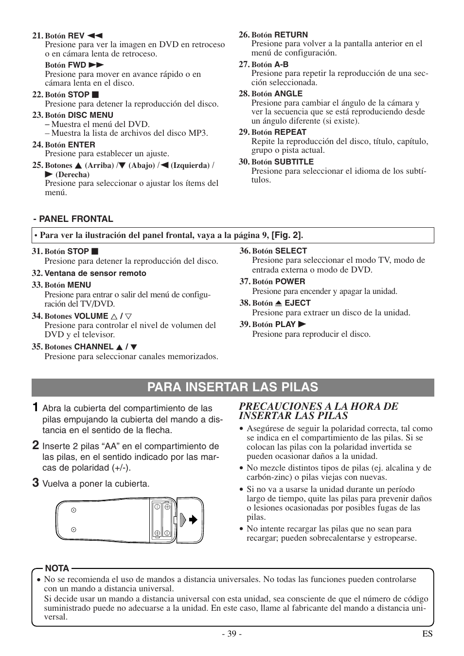 Para insertar las pilas 1, Precauciones a la hora de insertar las pilas | Sylvania 6615LDF User Manual | Page 39 / 48