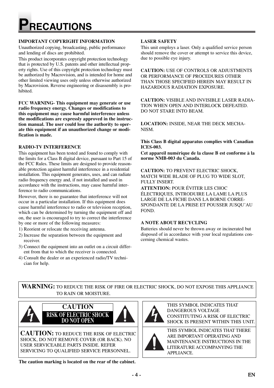 Recautions, Caution, Caution risk of electric shock do not open | Sylvania 6615LDF User Manual | Page 4 / 48