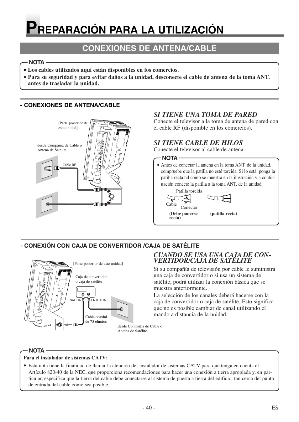 Reparación para la utilización, Conexiones de antena/cable, Si tiene una toma de pared | Si tiene cable de hilos | Sylvania 6615LDF User Manual | Page 40 / 48
