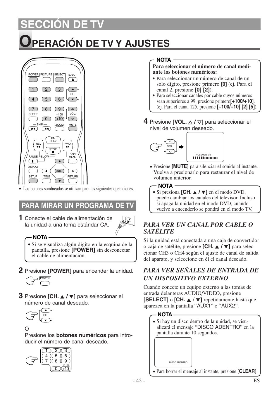 Sección de tv, Peración de tv y ajustes, Para mirar un programa de tv | Para ver un canal por cable o satélite | Sylvania 6615LDF User Manual | Page 42 / 48