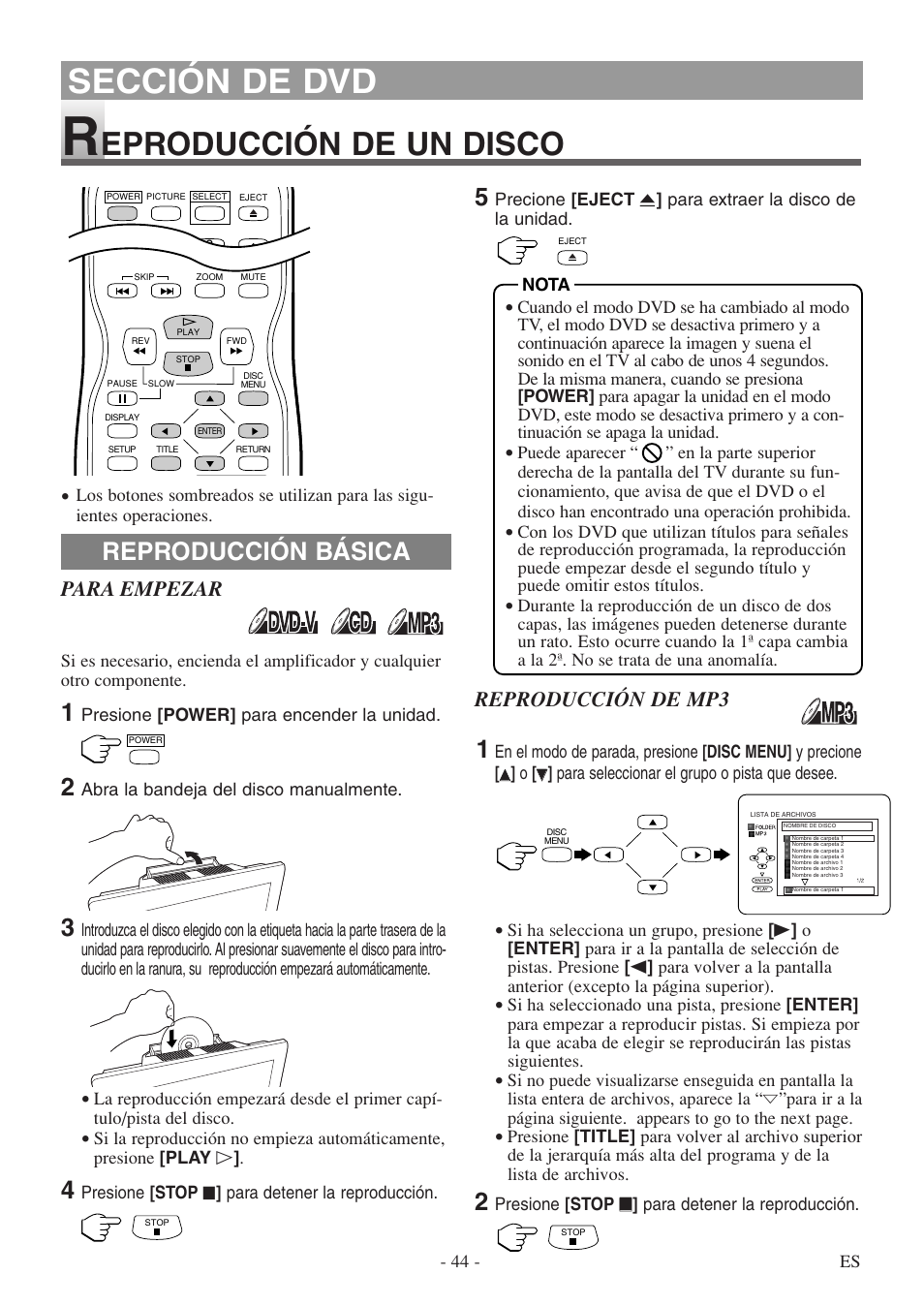 Sección de dvd, Eproducción de un disco, Reproducción básica | Para empezar, Reproducción de mp3 | Sylvania 6615LDF User Manual | Page 44 / 48