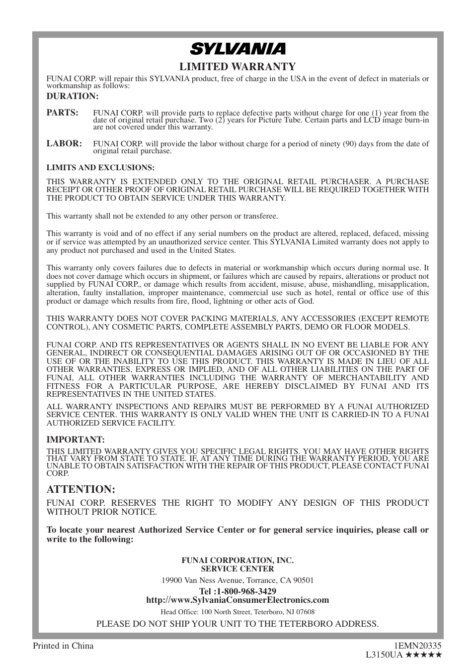 Limited warranty, Attention | Sylvania 6615LDF User Manual | Page 48 / 48