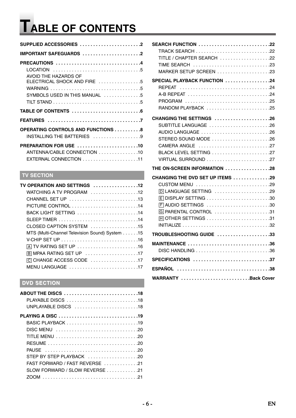 Able of contents | Sylvania 6615LDF User Manual | Page 6 / 48