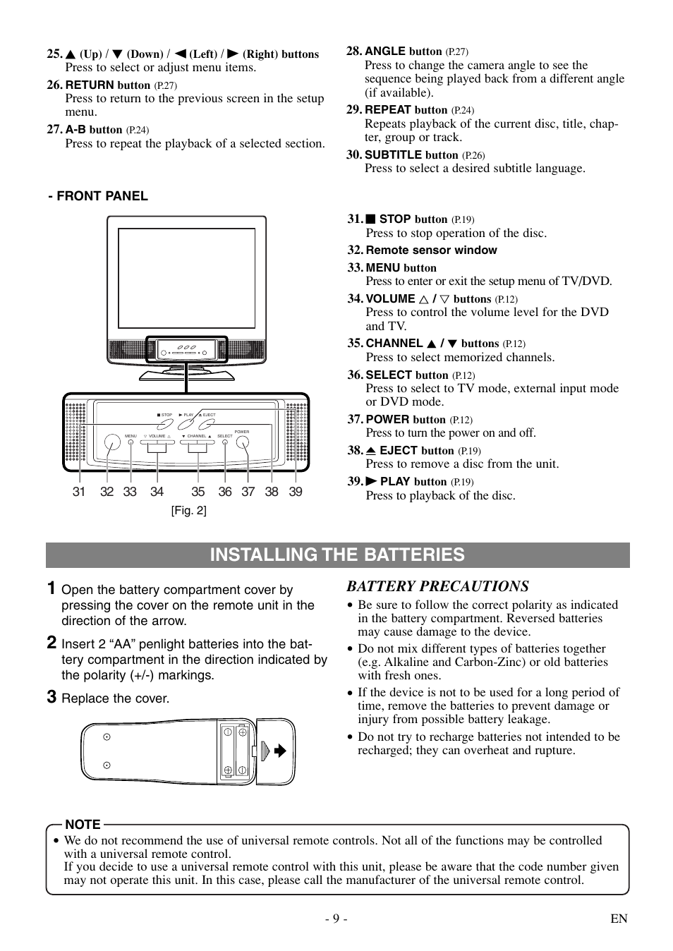 Installing the batteries 1, Battery precautions | Sylvania 6615LDF User Manual | Page 9 / 48