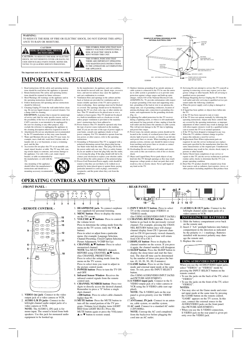 Important safeguards, Operating controls and functions, Rear panel | Remote control, Installing the batteries, Using audio/video input jacks, Front panel | Sylvania 6427CTF User Manual | Page 2 / 4