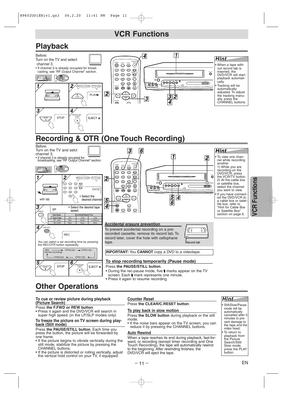 Recording & otr (one touch recording) playback, Other operations, Vcr functions | Hint, Accidental erasure prevention, Counter reset, Auto rewind | Sylvania SRD4900 User Manual | Page 11 / 28