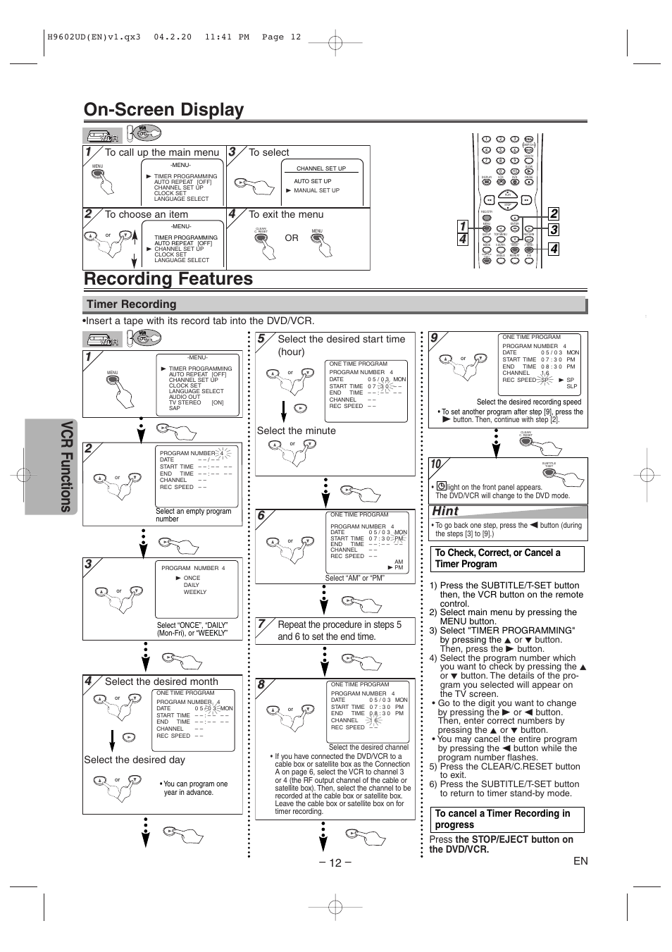 On-screen display, Recording features, Vcr functions | Hint, Timer recording, Insert a tape with its record tab into the dvd/vcr, Select the desired month select the desired day | Sylvania SRD4900 User Manual | Page 12 / 28