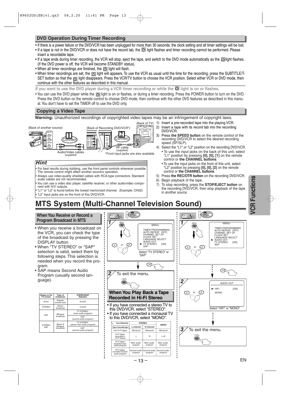 Mts system (multi-channel television sound), Vcr functions, Hint | Copying a video tape, Dvd operation during timer recording, Component video out | Sylvania SRD4900 User Manual | Page 13 / 28