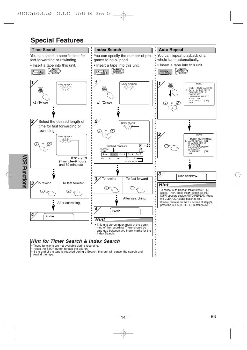 Special features, Vcr functions, Hint f | Hint, Time search index search auto repeat | Sylvania SRD4900 User Manual | Page 14 / 28