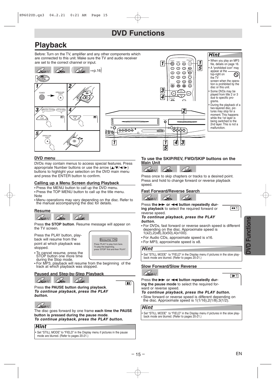 Playback, Dvd functions, 52 2 hint hint | 15 5 hint hint, Hint | Sylvania SRD4900 User Manual | Page 15 / 28