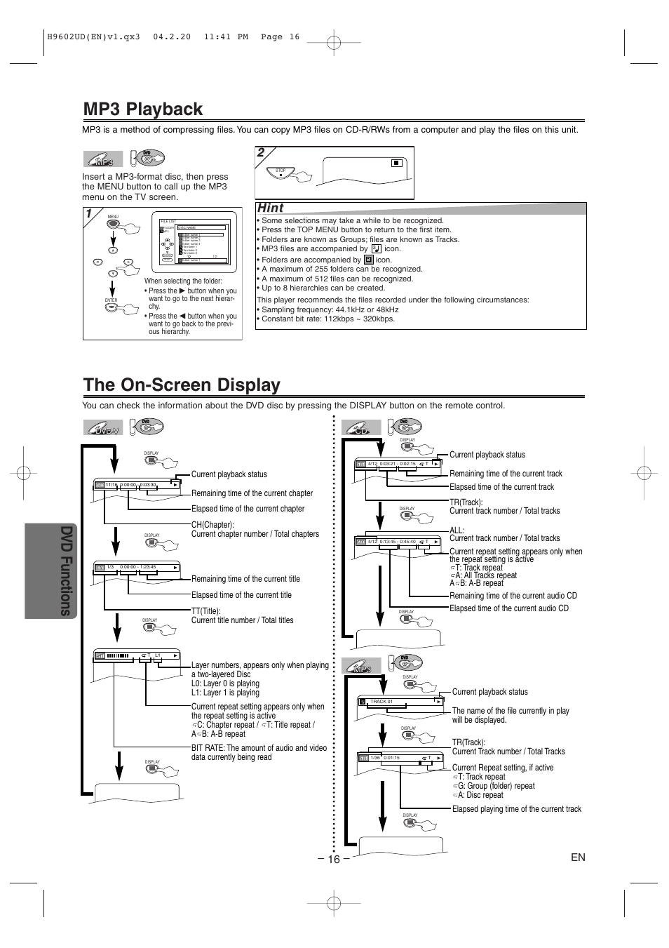 Mp3 playback, The on-screen display, Dvd functions | Hint | Sylvania SRD4900 User Manual | Page 16 / 28