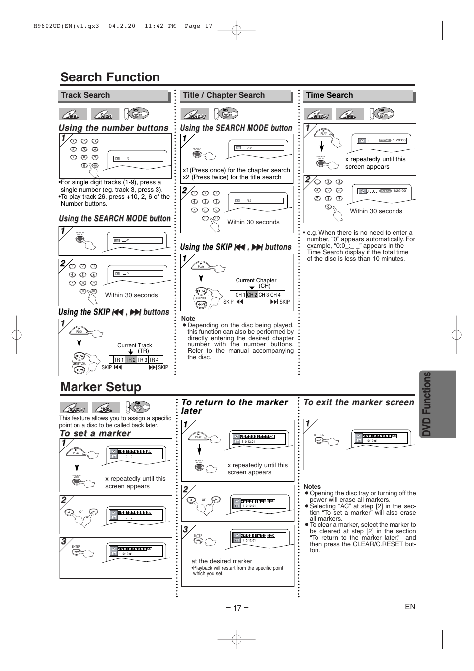 Search function, Marker setup, Dvd functions | Using the search, Using the search mode mode b b utton utton 1 1, Using the n, Using the n umber b umber b uttons uttons, Using the search mode mode b b utton utton, Using the skip, Time search | Sylvania SRD4900 User Manual | Page 17 / 28