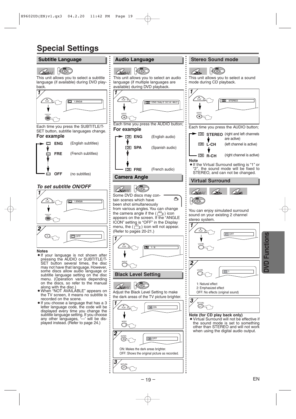 Special settings, Dvd functions, Audio language | For example, Stereo sound mode camera angle, For example subtitle language, Black level setting, Virtual surround | Sylvania SRD4900 User Manual | Page 19 / 28