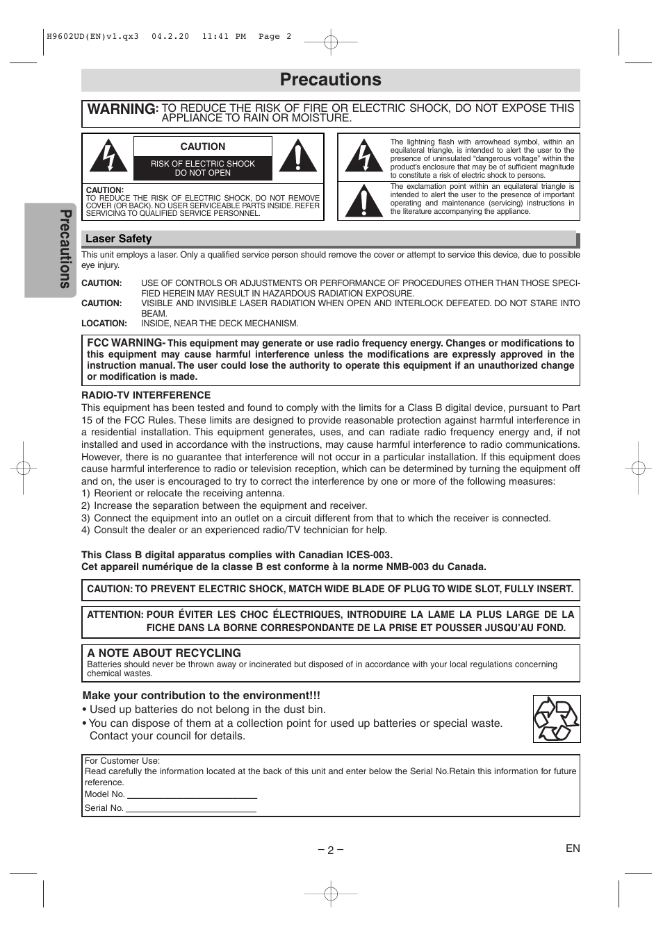 Precautions, Warning | Sylvania SRD4900 User Manual | Page 2 / 28