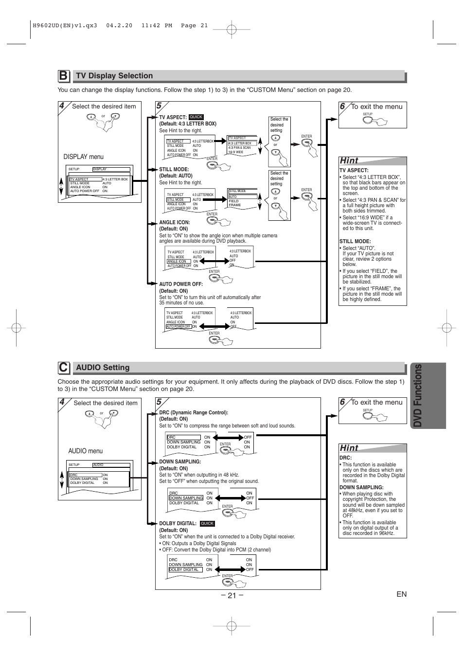 Dvd functions, Hint, Tv display selection | Audio setting | Sylvania SRD4900 User Manual | Page 21 / 28