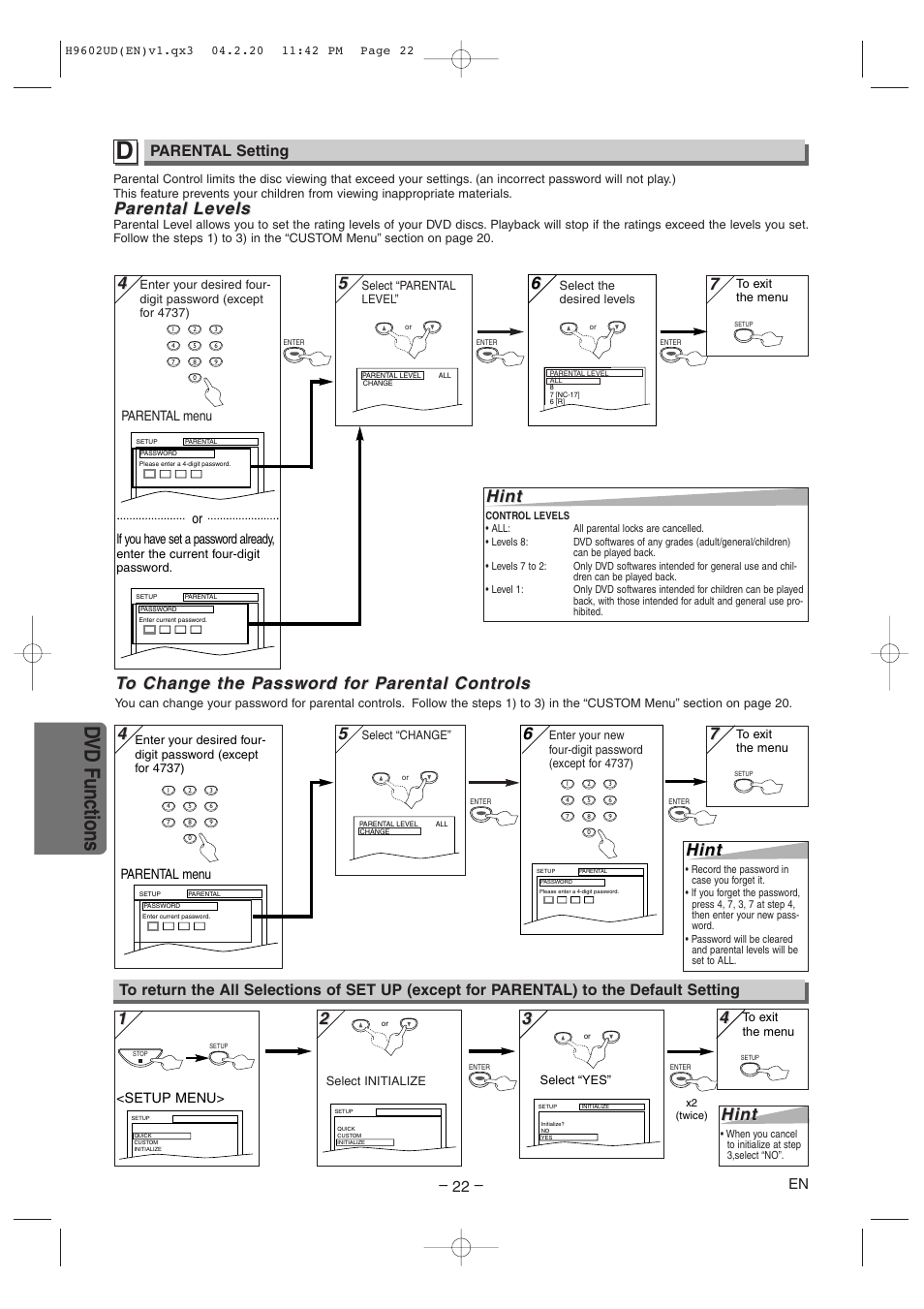 Dvd functions, 4hint hint, Parental arental le le vels vels | Hint, Parental setting | Sylvania SRD4900 User Manual | Page 22 / 28