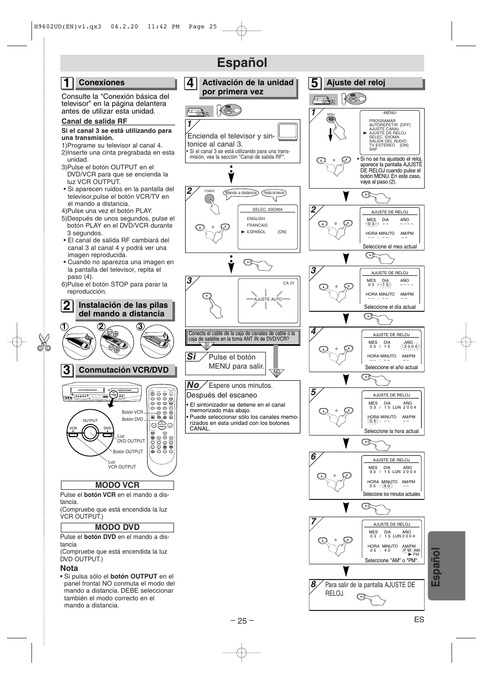 Español, Conexiones, Ajuste del reloj | Conmutación vcr/dvd, Instalación de las pilas del mando a distancia, Activación de la unidad por primera vez, Modo vcr nota, Modo dvd, Subtitle t-set, Search mode | Sylvania SRD4900 User Manual | Page 25 / 28