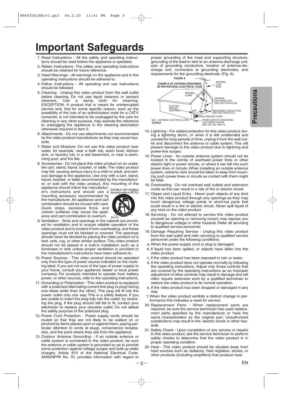 Important safeguards, Precautions | Sylvania SRD4900 User Manual | Page 3 / 28