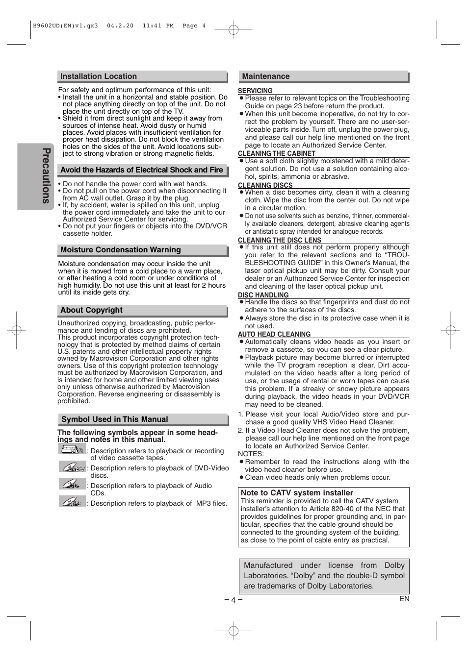 Precautions | Sylvania SRD4900 User Manual | Page 4 / 28