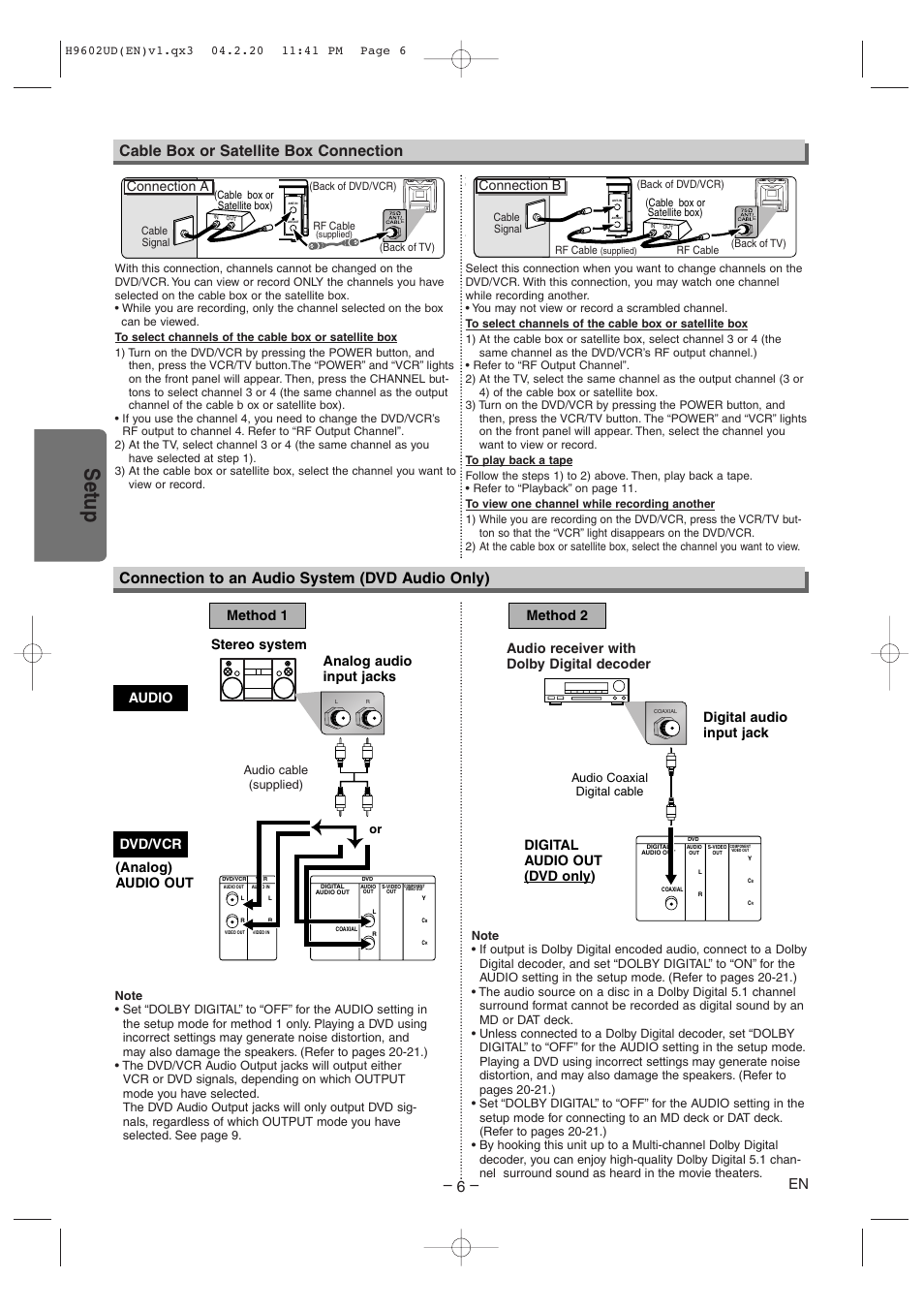 Setup, Cable box or satellite box connection, Connection to an audio system (dvd audio only) | Connection a, Connection b, Stereo system, Audio receiver with dolby digital decoder | Sylvania SRD4900 User Manual | Page 6 / 28