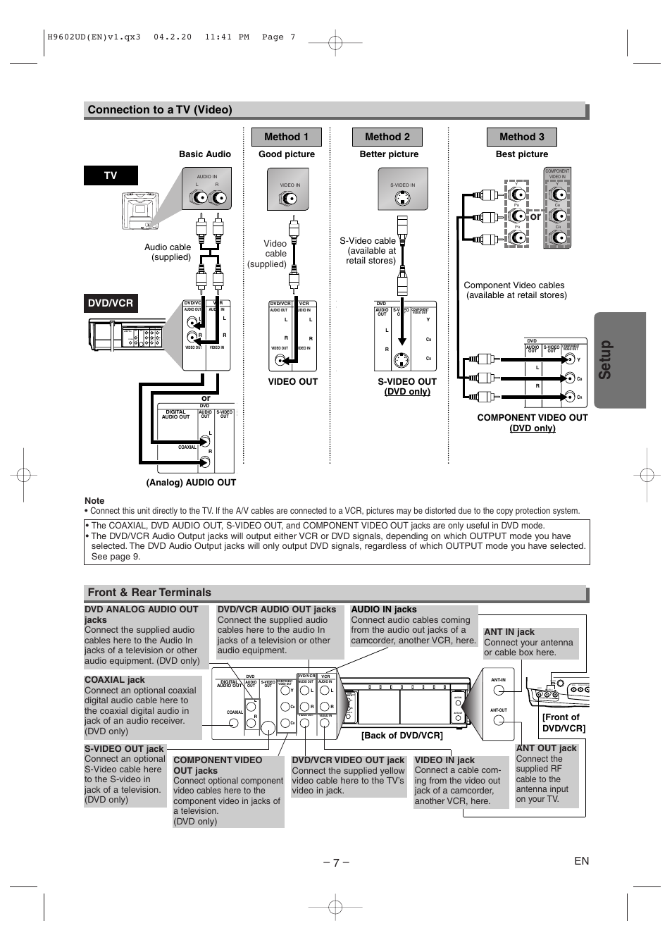 Setup, Front & rear terminals, Connection to a tv (video) | Tv method 1, Method 2 method 3, Dvd/vcr, Analog) audio out video out, Good picture basic audio | Sylvania SRD4900 User Manual | Page 7 / 28