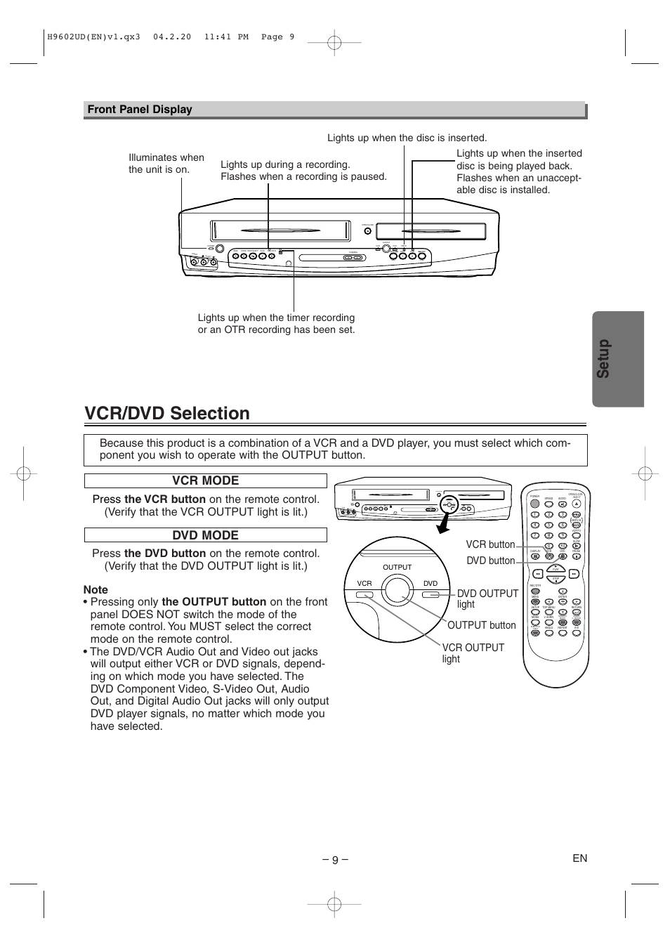 Vcr/dvd selection, Setup, Vcr mode | Dvd mode, Front panel display | Sylvania SRD4900 User Manual | Page 9 / 28