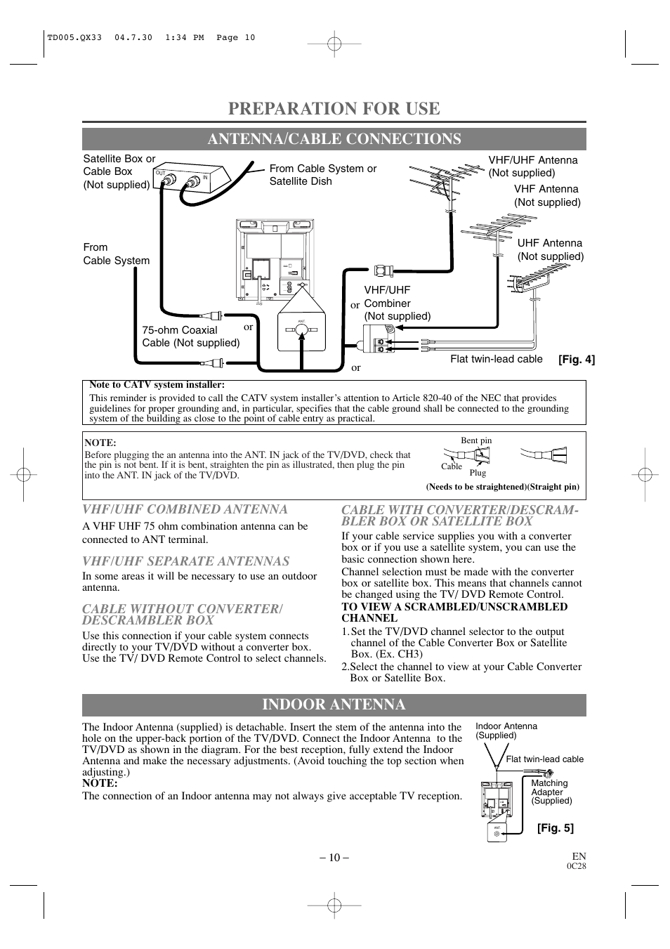 Preparation for use, Antenna/cable connections, Indoor antenna | Vhf/uhf combined antenna, Vhf/uhf separate antennas, Cable without converter/ descrambler box | Sylvania SRTD309 User Manual | Page 10 / 40