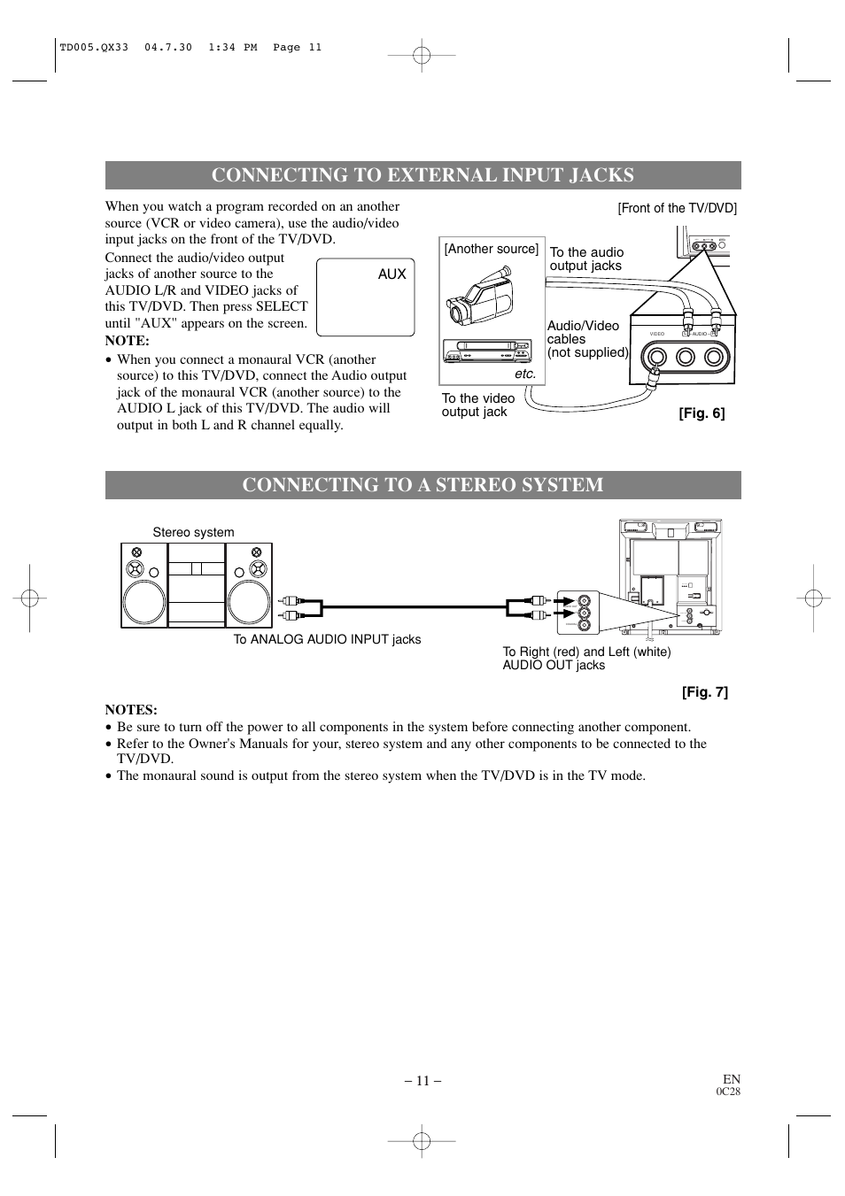 Connecting to external input jacks, Connecting to a stereo system | Sylvania SRTD309 User Manual | Page 11 / 40