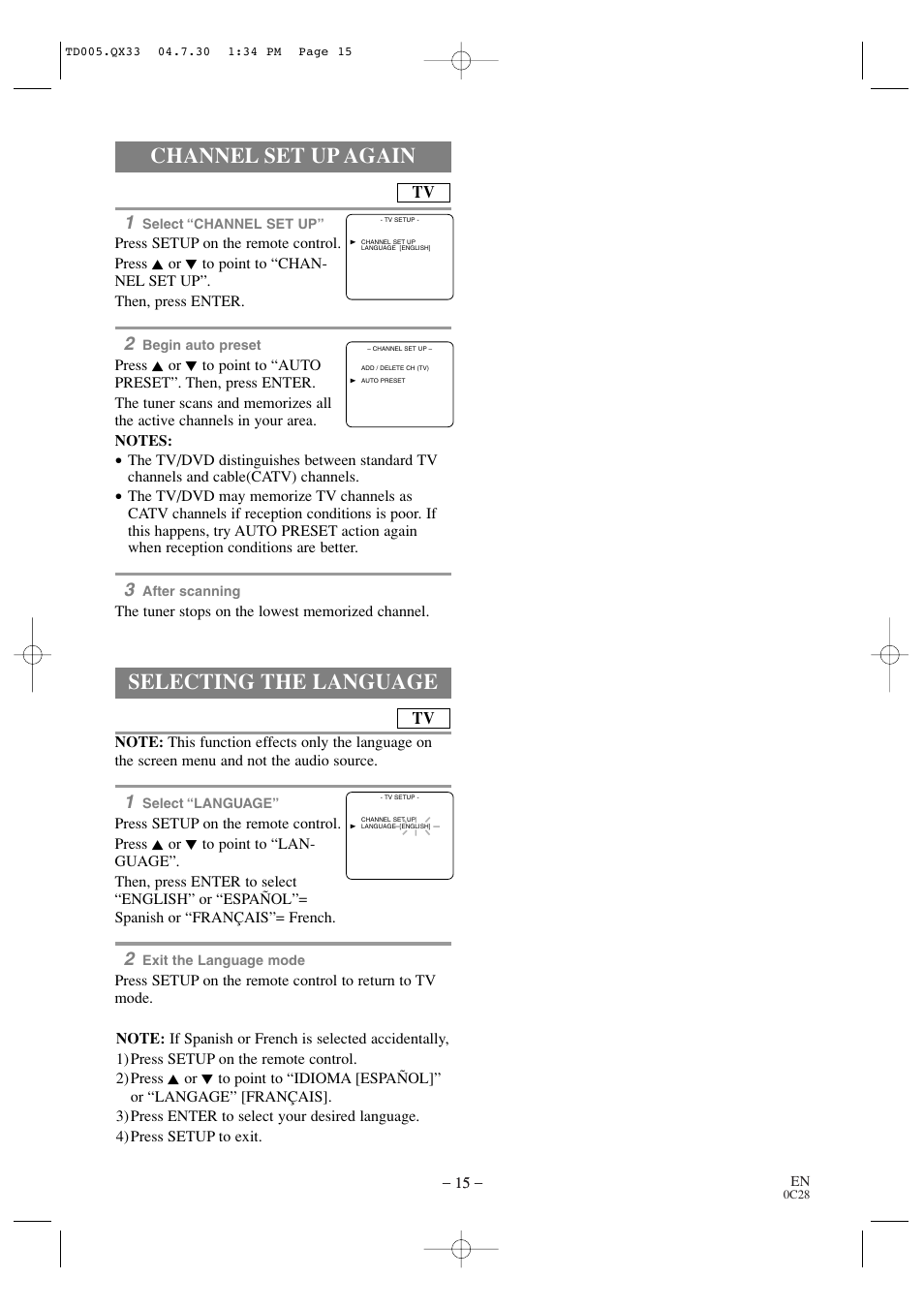 Channel set up again, Selecting the language | Sylvania SRTD309 User Manual | Page 15 / 40