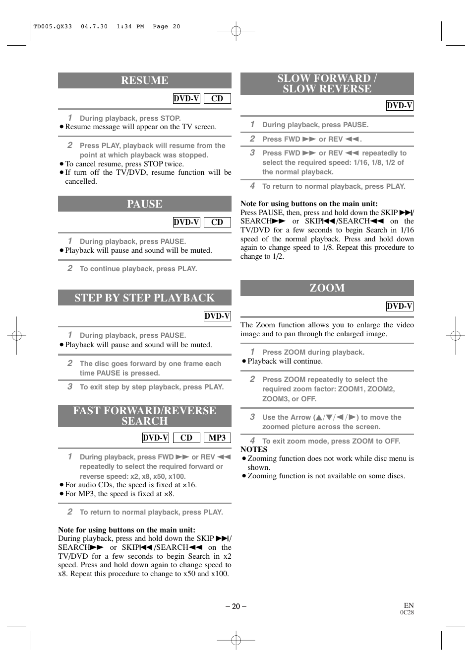 Step by step playback, Resume, Zoom | Pause | Sylvania SRTD309 User Manual | Page 20 / 40