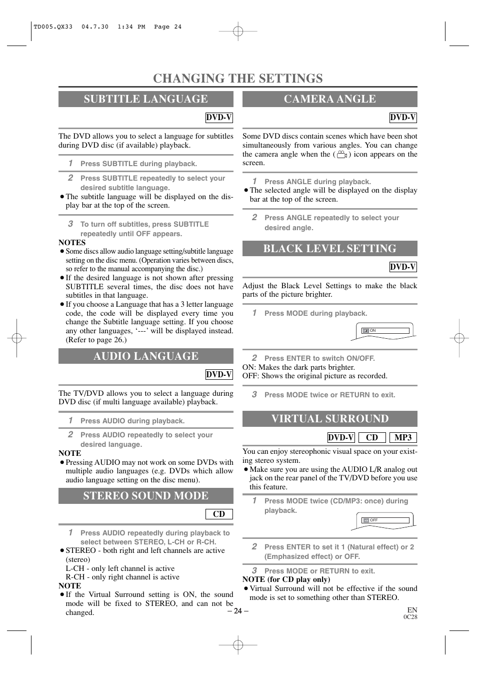 Changing the settings, Audio language, Stereo sound mode | Subtitle language camera angle, Black level setting, Virtual surround | Sylvania SRTD309 User Manual | Page 24 / 40