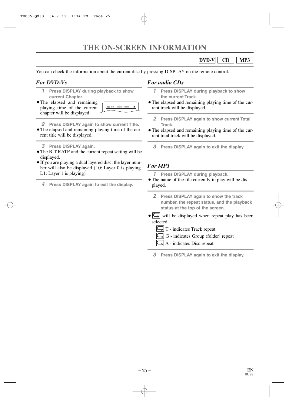 The on-screen information, For dvd-vs, For audio cds | For mp3 | Sylvania SRTD309 User Manual | Page 25 / 40