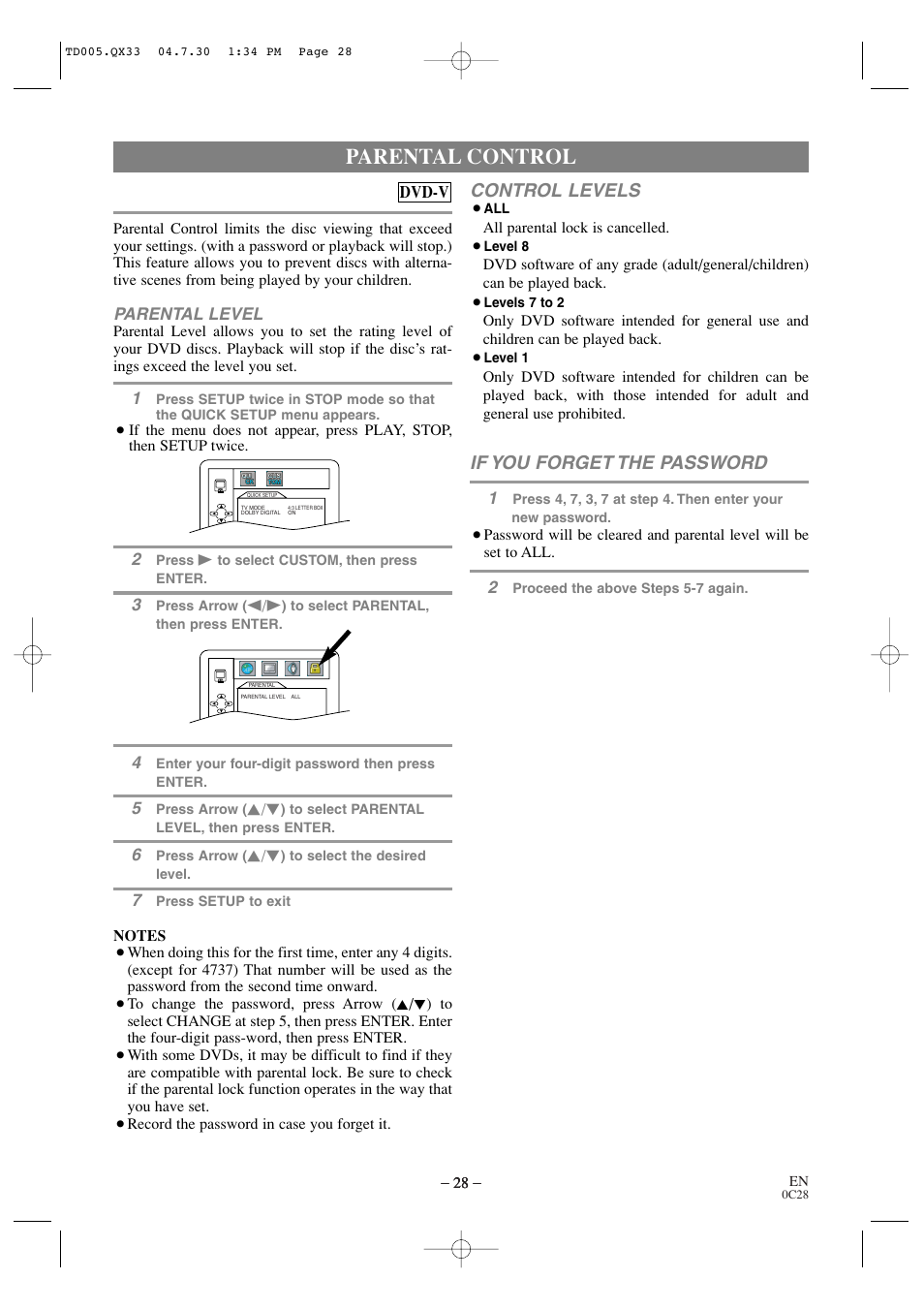 Parental control, Control levels, If you forget the password | Sylvania SRTD309 User Manual | Page 28 / 40