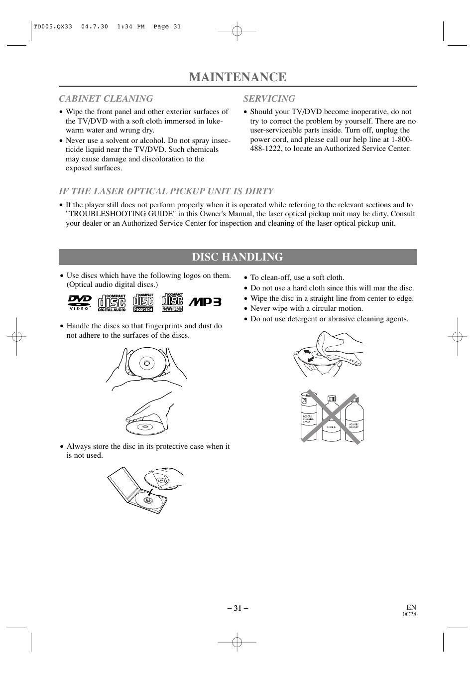 Maintenance, Disc handling | Sylvania SRTD309 User Manual | Page 31 / 40