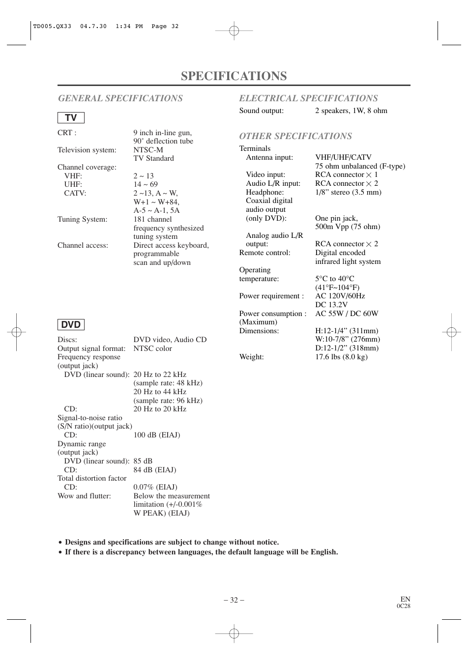 Specifications | Sylvania SRTD309 User Manual | Page 32 / 40