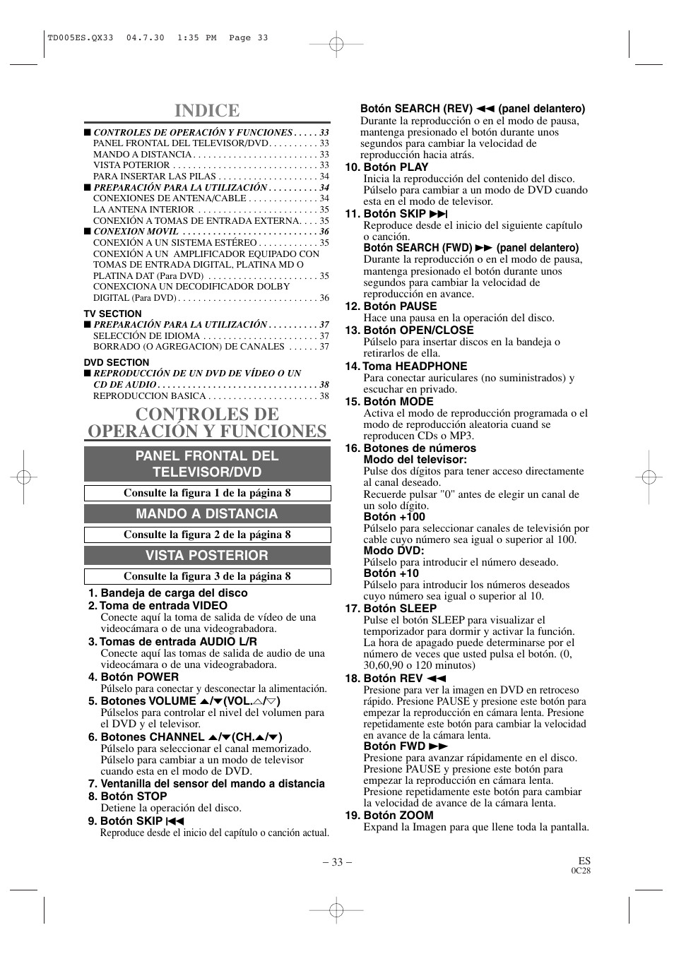 Indice, Controles de operación y funciones | Sylvania SRTD309 User Manual | Page 33 / 40