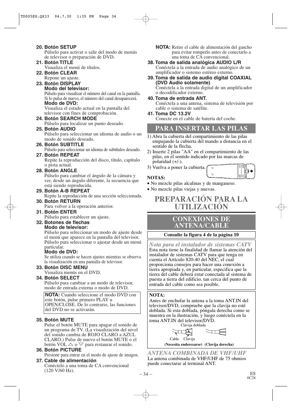 Preparación para la utilización, Para insertar las pilas conexiones de antena/cable | Sylvania SRTD309 User Manual | Page 34 / 40