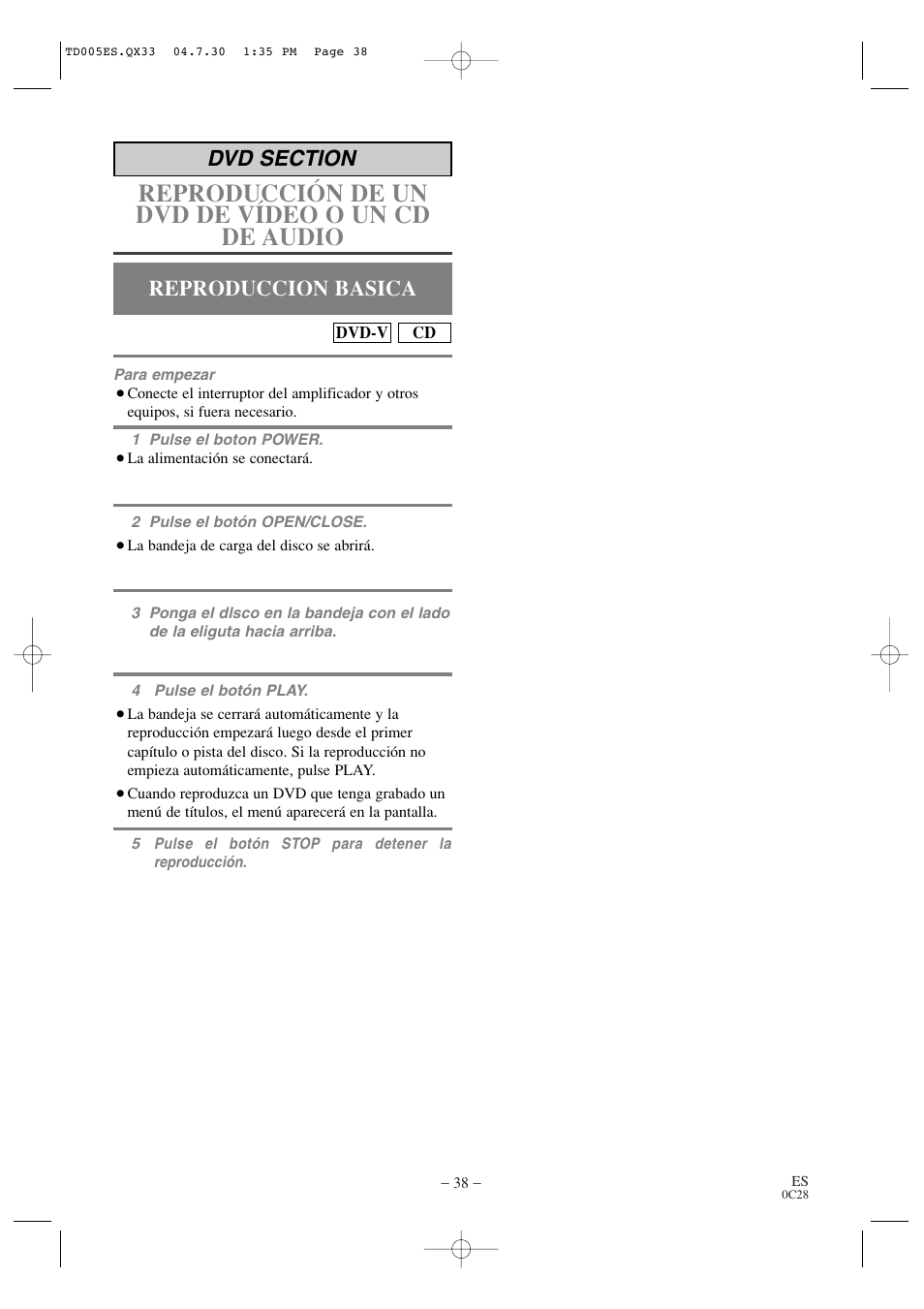 Reproducción de un dvd de vídeo o un cd de audio, Reproduccion basica | Sylvania SRTD309 User Manual | Page 38 / 40