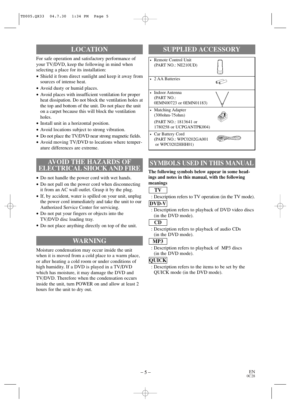 Warning, Symbols used in this manual supplied accessory | Sylvania SRTD309 User Manual | Page 5 / 40