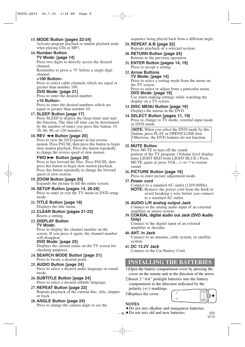 Installing the batteries | Sylvania SRTD309 User Manual | Page 9 / 40