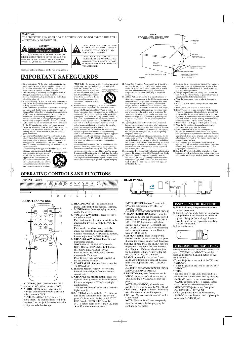 Important safeguards, Operating controls and functions, Remote control | Installing the batteries, Using audio/video input jacks, Front panel - - rear panel | Sylvania SRT2220F User Manual | Page 2 / 8