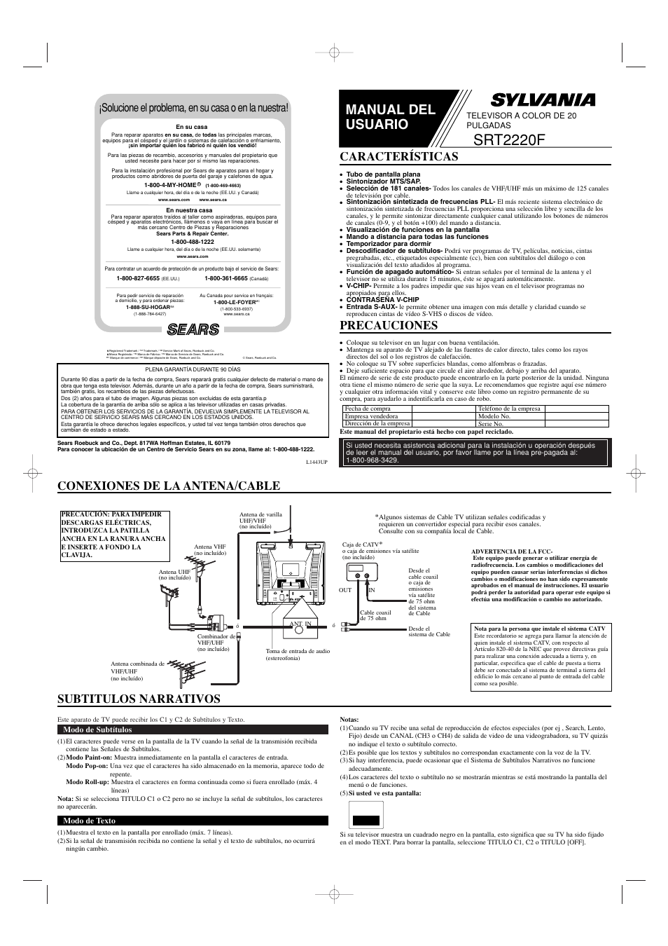 Srt2220f, Manual del usuario, Conexiones de la antena/cable precauciones | Características, Subtitulos narrativos, Solucione el problema, en su casa o en la nuestra, Modo de subtítulos, Modo de texto, Televisor a color de 20 pulgadas | Sylvania SRT2220F User Manual | Page 5 / 8