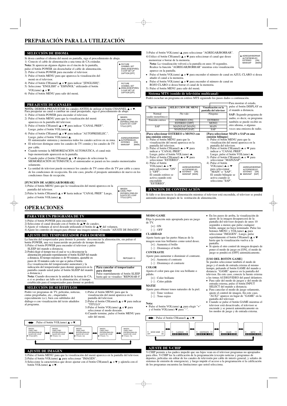 Operaciones, Preparación para la utilización | Sylvania SRT2220F User Manual | Page 7 / 8