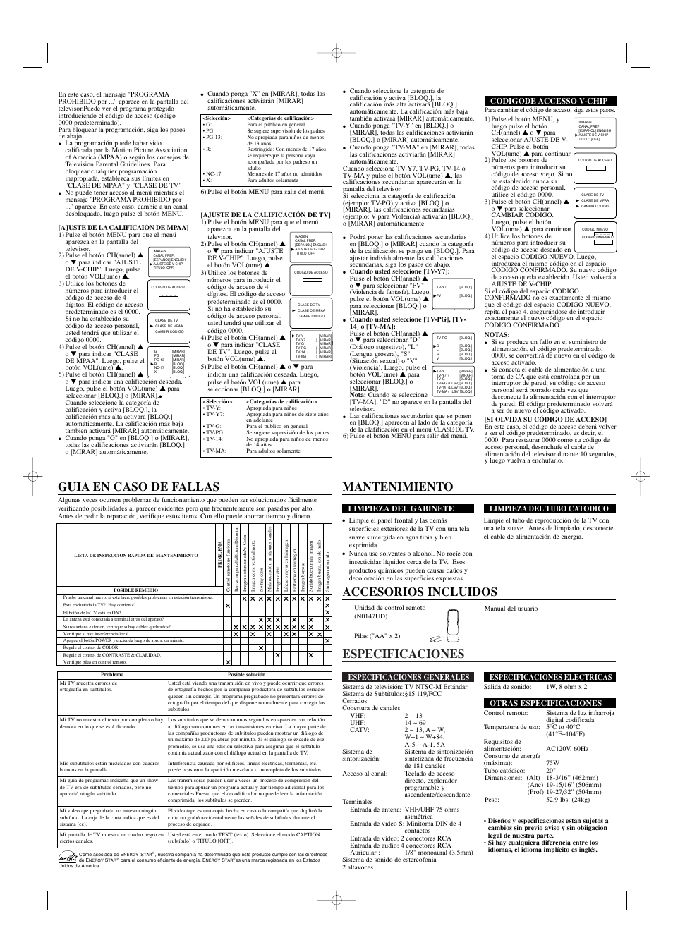 Especificaciones, Especificaciones generales, Especificaciones electricas | Otras especificaciones, Limpieza del gabinete, Limpieza del tubo catodico, Codigode accesso v-chip | Sylvania SRT2220F User Manual | Page 8 / 8