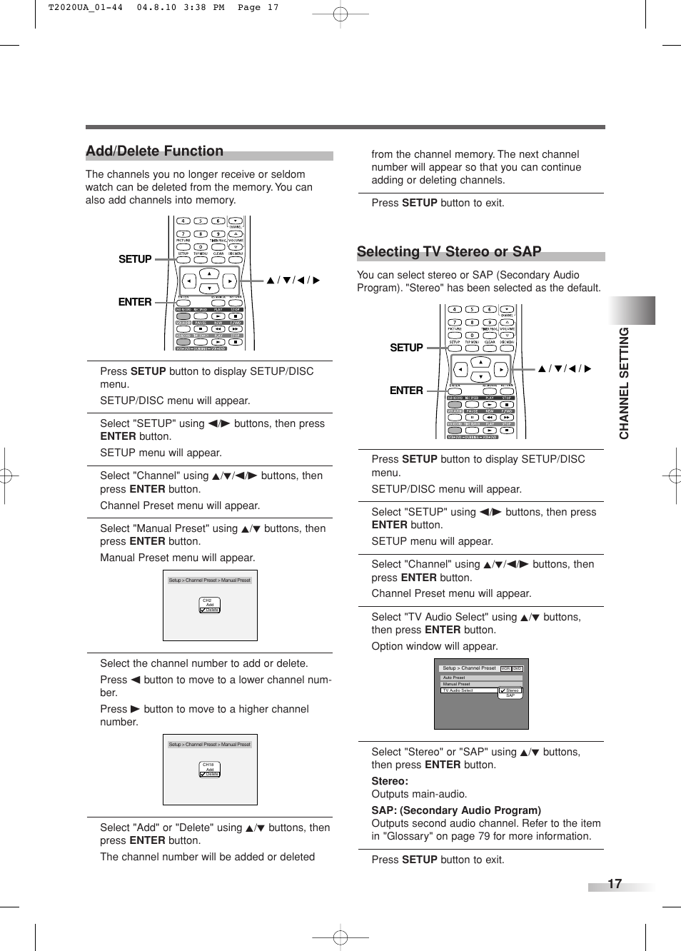 Add/delete function, Selecting tv stereo or sap | Sylvania SREC427 User Manual | Page 17 / 88