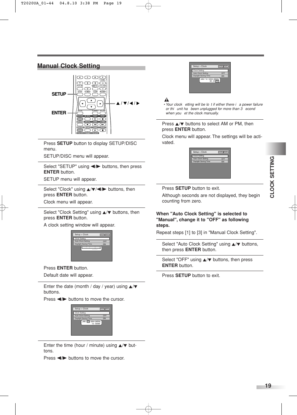 Manual clock setting, Clock setting | Sylvania SREC427 User Manual | Page 19 / 88