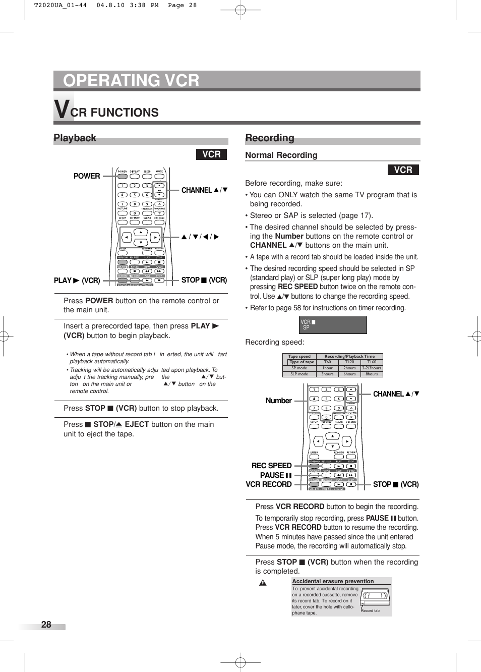 Operating vcr, Cr functions, Playback | Recording | Sylvania SREC427 User Manual | Page 28 / 88