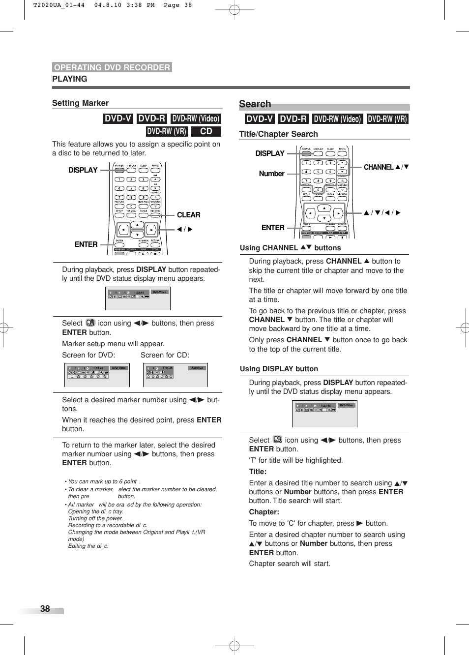 Search, Dvd-rw (vr) dvd-rw (video) dvd-r dvd-v, Cd dvd-rw (vr) dvd-rw (video) dvd-r dvd-v | Title/chapter search, Setting marker, Playing operating dvd recorder | Sylvania SREC427 User Manual | Page 38 / 88